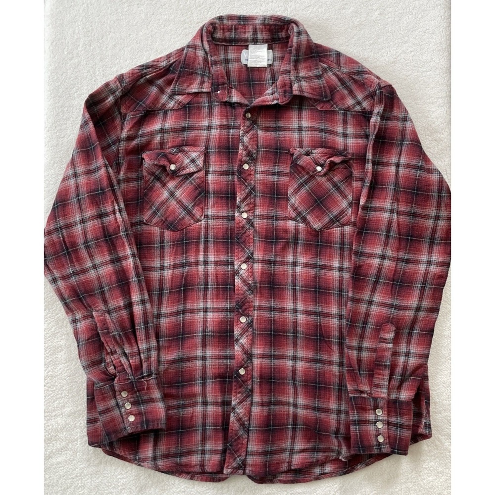 90s Vintage Wrangler Wrancher Mens XL Shirt Red Plaid Flannel Western Pearl Snap